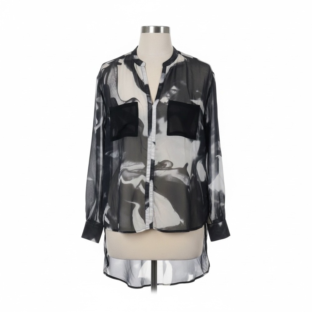 Nicki Minaj Hi-Low Sheer Button-Up Blouse Black White Women's Size Large‎
